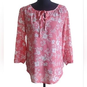 Fred David Blouse Floral Cut Out 3/4 Sleeves Top Pink White Size Small